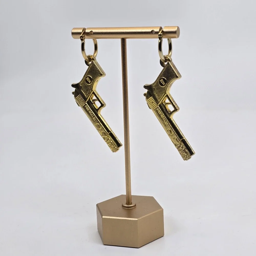 Vintage Gold Tone Pistol Gun Dangle Earrings Novelty Statement Western Cowgirl